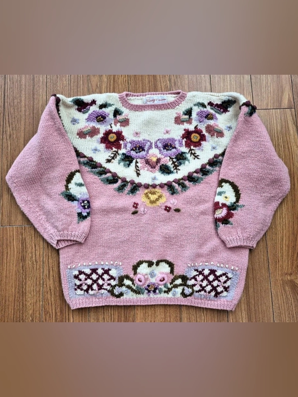 Fanny's Collections Embroidered Floral Sweater in Pink & Cream
